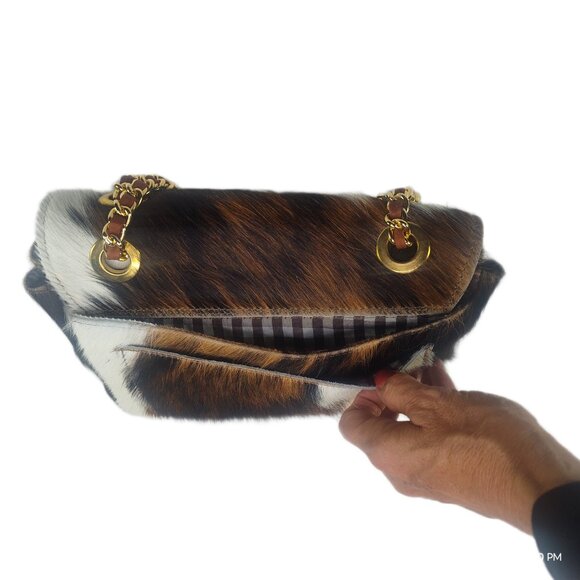 Genuine Charlie Leather "Giuliana" Black/White/Brown Fur Leather Handbag-NWT - Picture 7 of 12